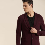 Men Burgundy Solid Single-Breasted Slim Fit Smart Casual Blazer