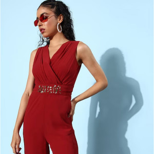 Women Maroon Wrap Detail Jumpsuit